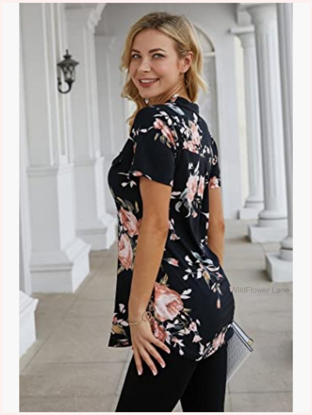 Womens Short Sleeve Zip Floral Tunic Blouse Casual Summer Top - Picture 3 of 6